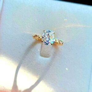 Solid 14k gold 2ct oval moissanite ring with side moissanite
